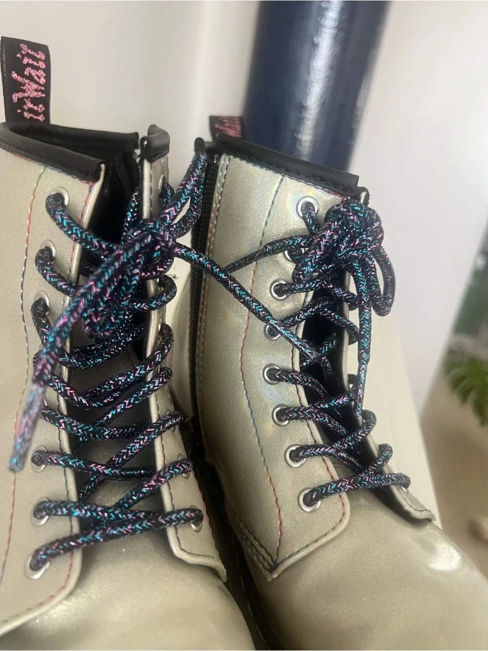 Dr. Martens Kids Silver Holographic Lace-Up Boots